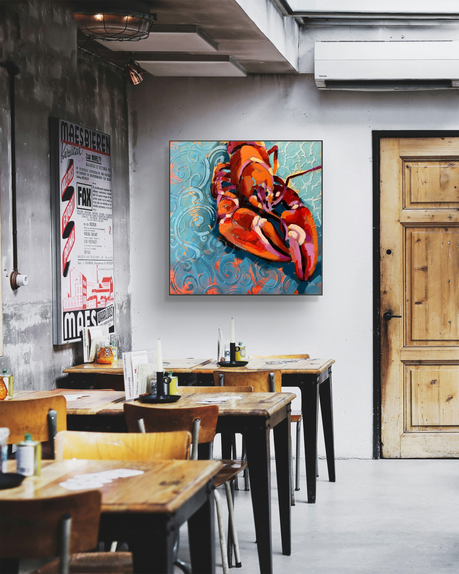 crafticana silvana manoliu romanian modern impressionist paintress painter artist textured acrylic painting wood panel clawstopher crayfish sea life series interior mockup