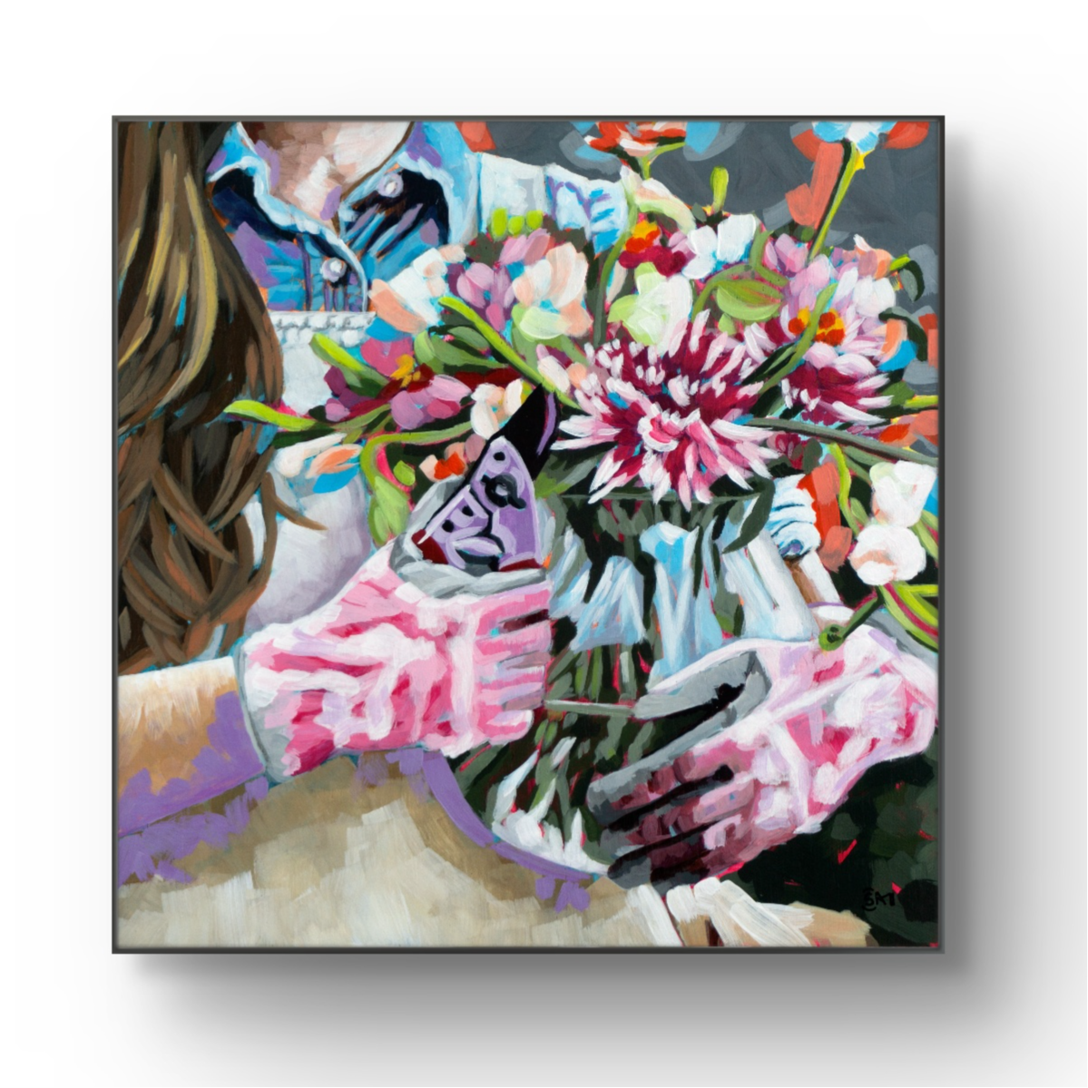 crafticana silvana manoliu romanian modern impressionist paintress acrylic painting wood panel garden shower woman gardener gloved hands apron hand scissor vase cut flowers