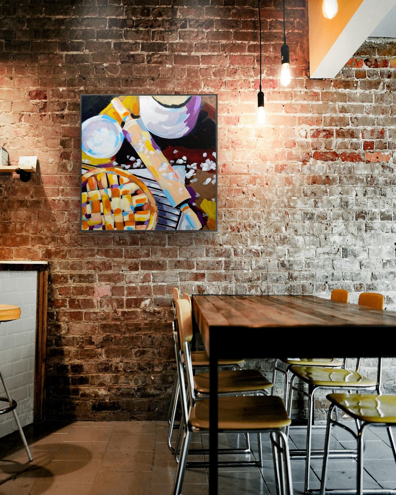 crafticana silvana manoliu romanian modern impressionist paintress painter artist textured acrylic painting wood panel baking pie autumn series interior mockup