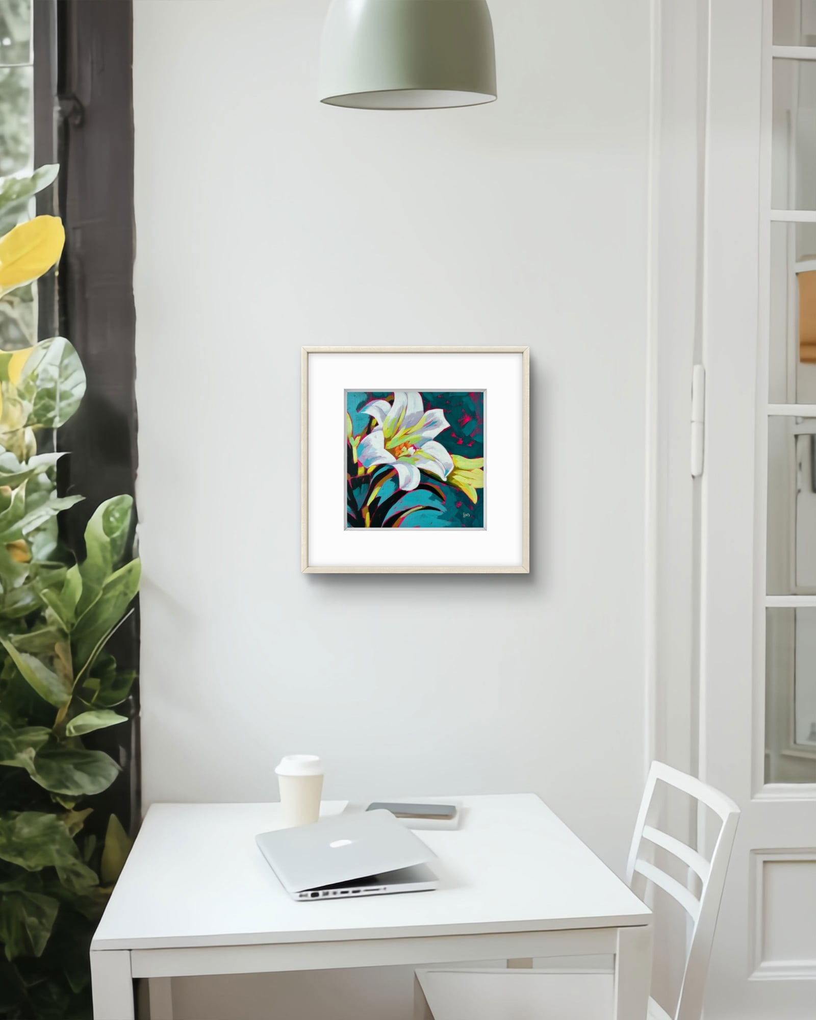 Mockup White lily modern impressionist acrylic painting on watercolour panel framed by artist Silvana-Andreea Manoliu Crafticana Flower Fever series 2026.jpeg