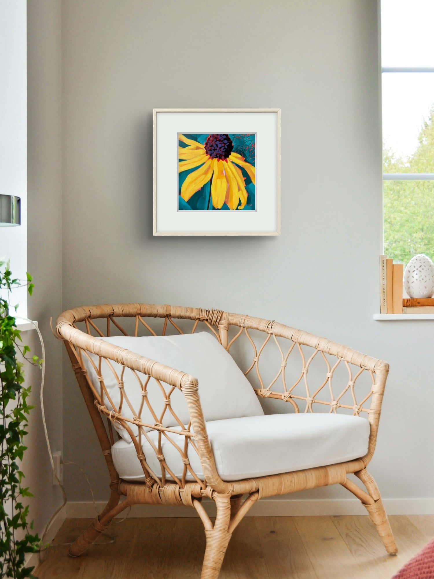Mockup Black-eyed-Susan modern impressionist acrylic painting on watercolour panel framed by artist Silvana-Andreea Manoliu Crafticana Flower Fever series 2026.jpeg