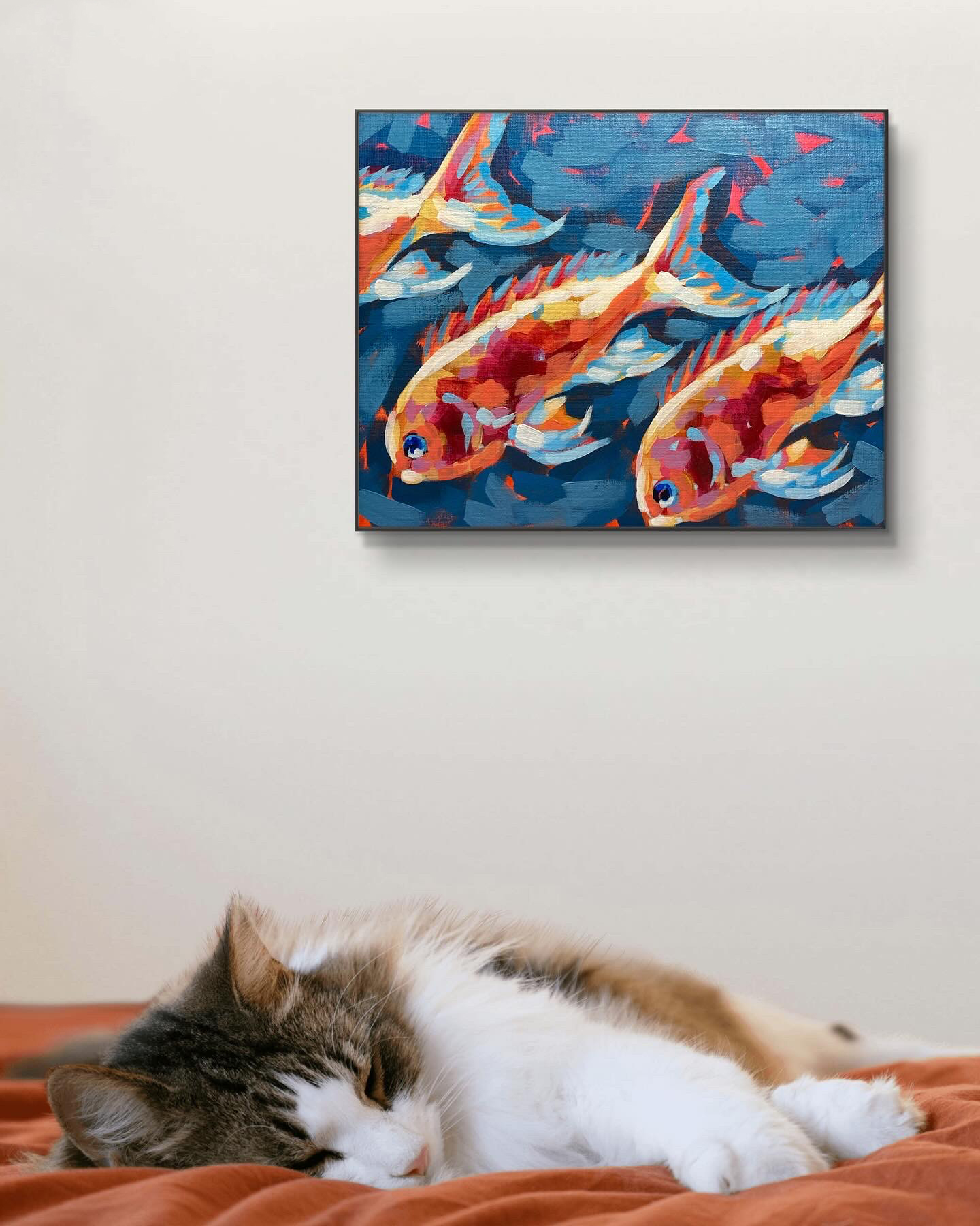 crafticana silvana manoliu romanian modern impressionist paintress painter artist acrylic painting canvas panel fishy business sea life series interior mockup