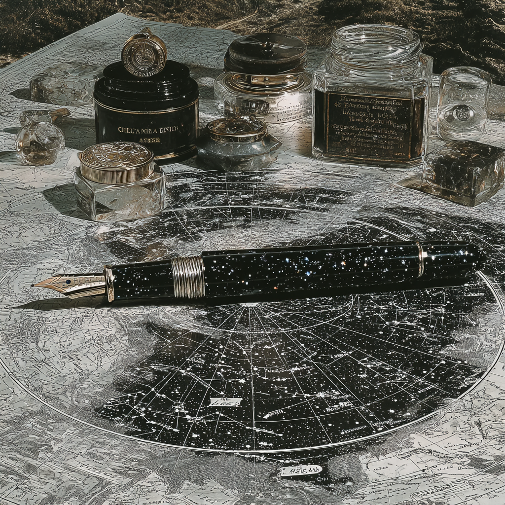 vintage computer showing astrological software on a beautiful desk strewn with papers and crystals, and a cup of coffee nearby overlooking the mountains