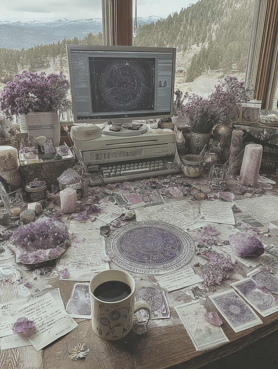 vintage computer showing astrological software on a beautiful desk strewn with papers and crystals, and a cup of coffee nearby overlooking the mountains