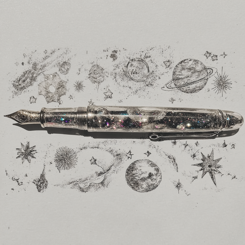 fountain tip pen on paper surrounded by planetary doodles