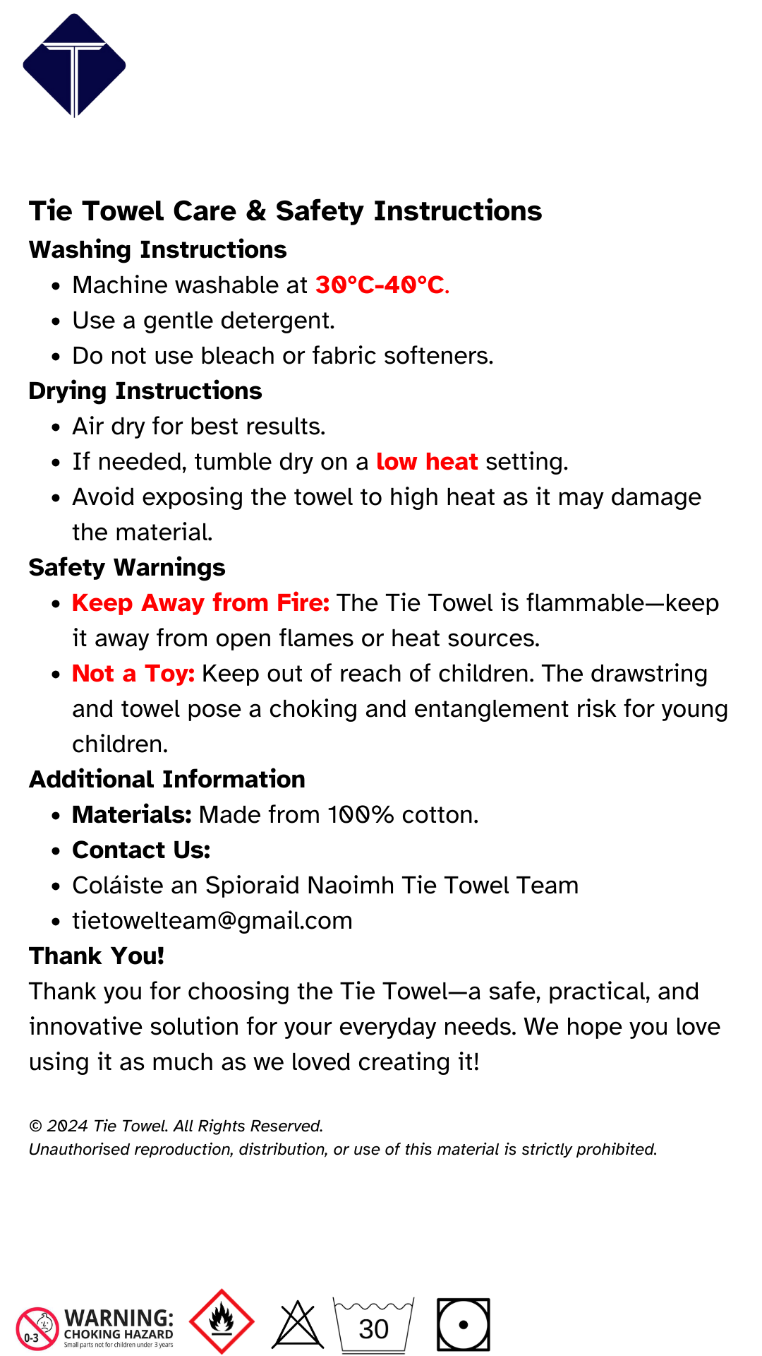 tie towel safety and information sheet