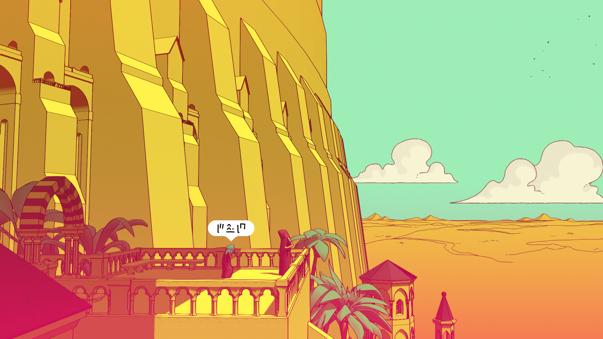 A screenshot from the game Chants of Sennaar featuring two people in robes standing on a terrace surrounded by desert landscape. The duotone yellow and red are very vibrant and sharp angled lines make up the shadows of the image.