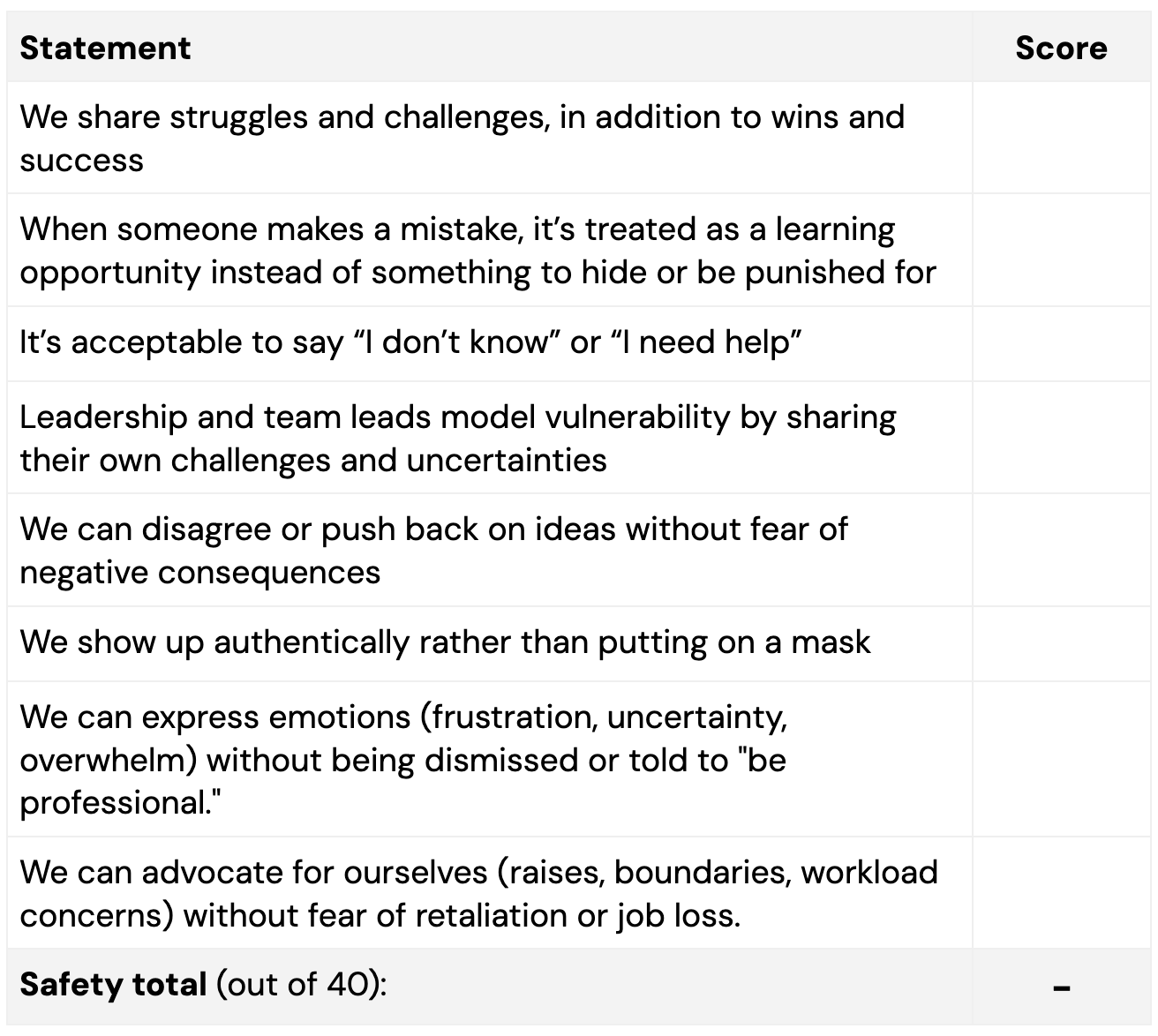 A screenshot of the table with statements related to safety on teams. If you need these in writing, reply to this email.