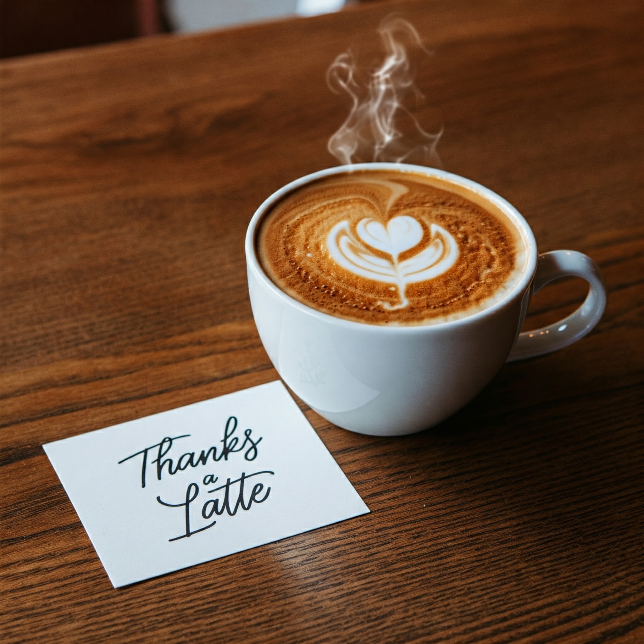 Image of a cup of latte with a thanks a latte card next to it.