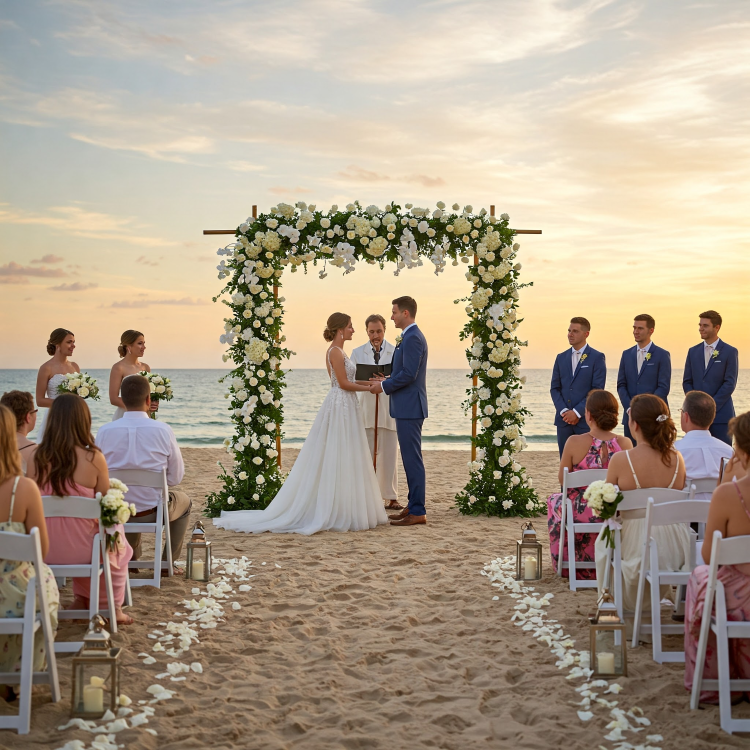 couple getting married on the beach with guests watching