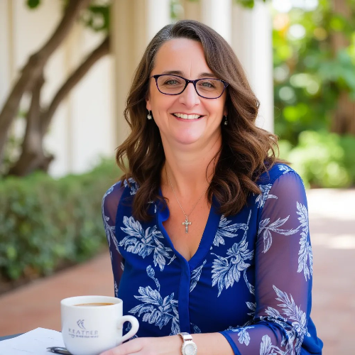 Image of Kathy Feather - Owner.  Enjoying some quite time on vacation with her coffee.,