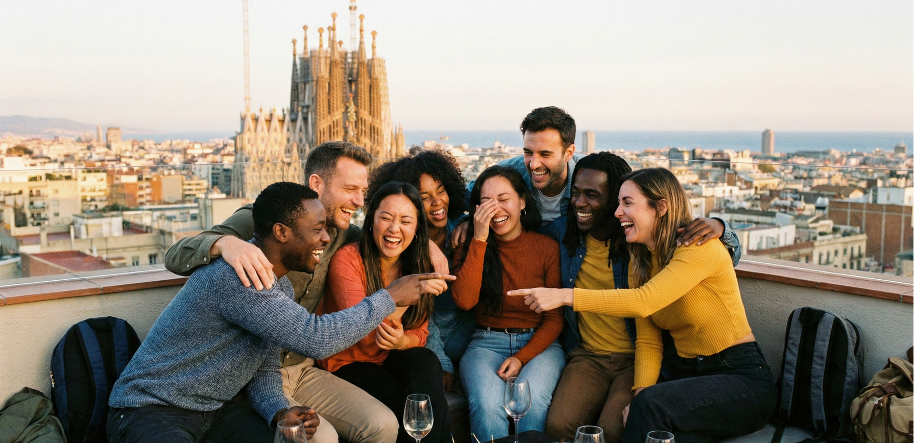 A group sitting, laughing, and pointing at one another with wine glasses nearby.  You can see a European city in the background.