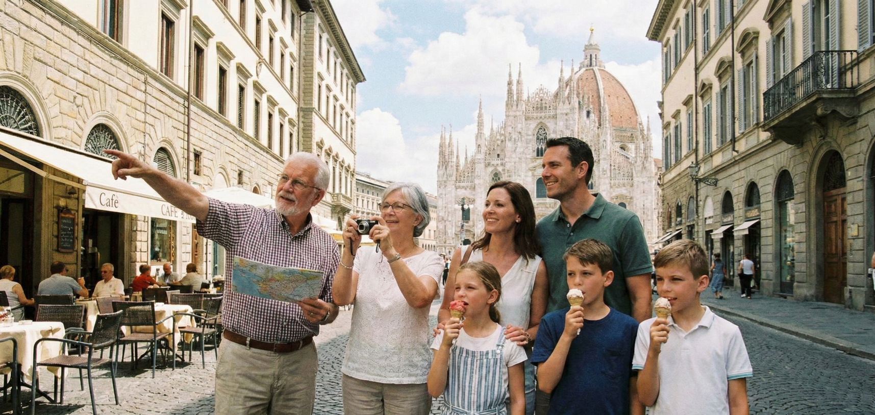 multigenerational family traveling in Europe.  Grandfather has a map.  Kids have gelato.