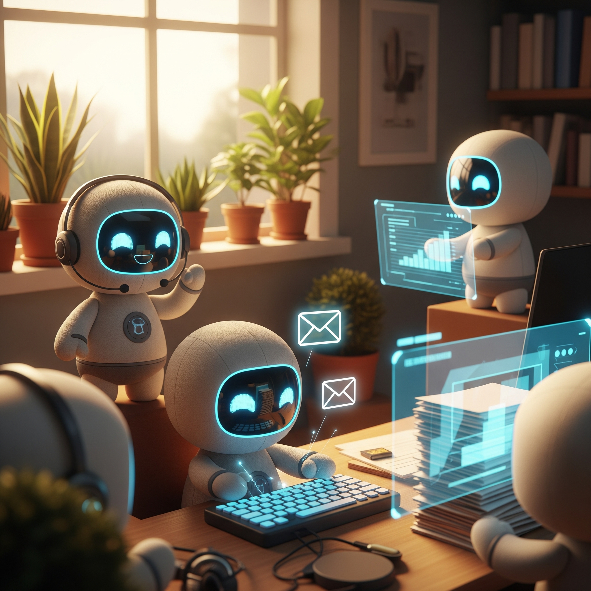 robots working at a desk handling email, phone calls, and more