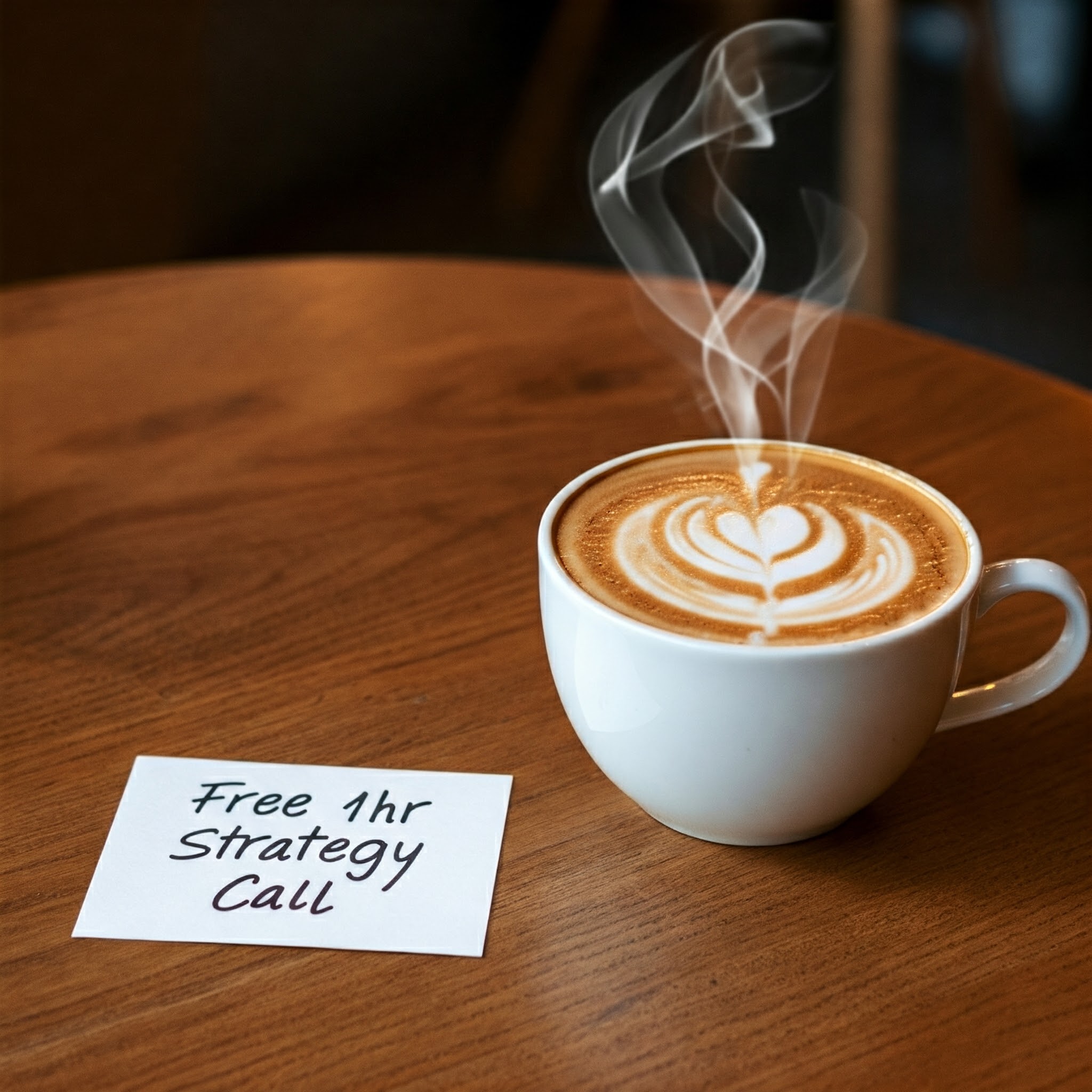 Image of a latte with a Free 1hr strategy call sign next to it.