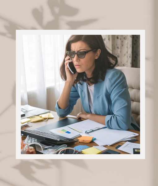 woman on phone with papers in front of her on desk