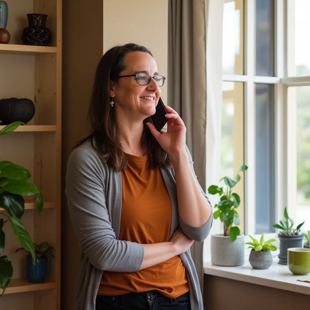 Kathy Feather talking on the phone near a window