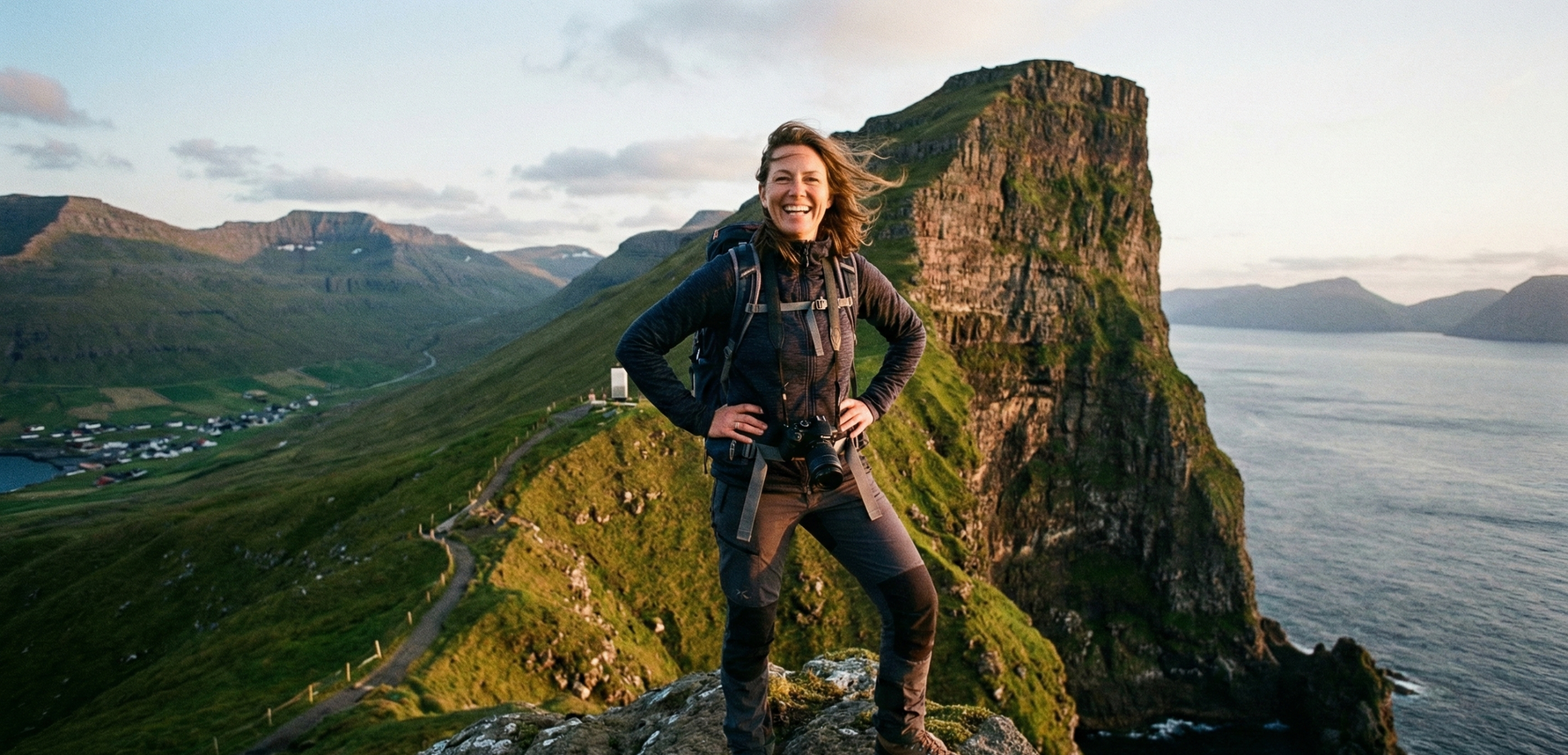 solo traveler on the top of a mountain side.  She looks accomplished and happy