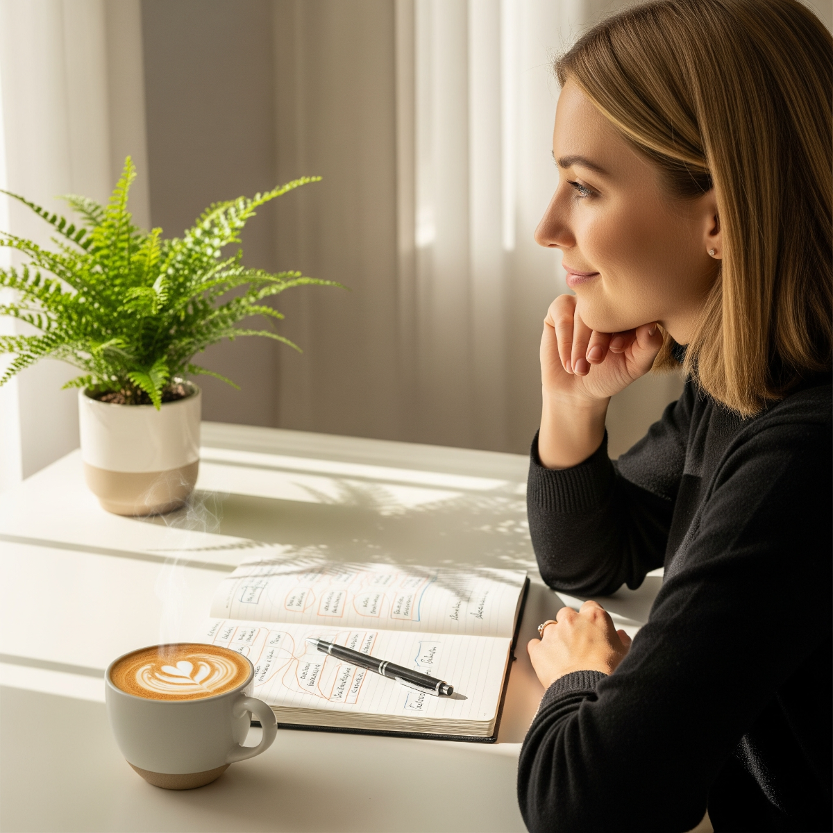 woman at a desk.  We're looking over her shoulder.  On her desk is a latte with a heart in the foam, a journal, and a fern