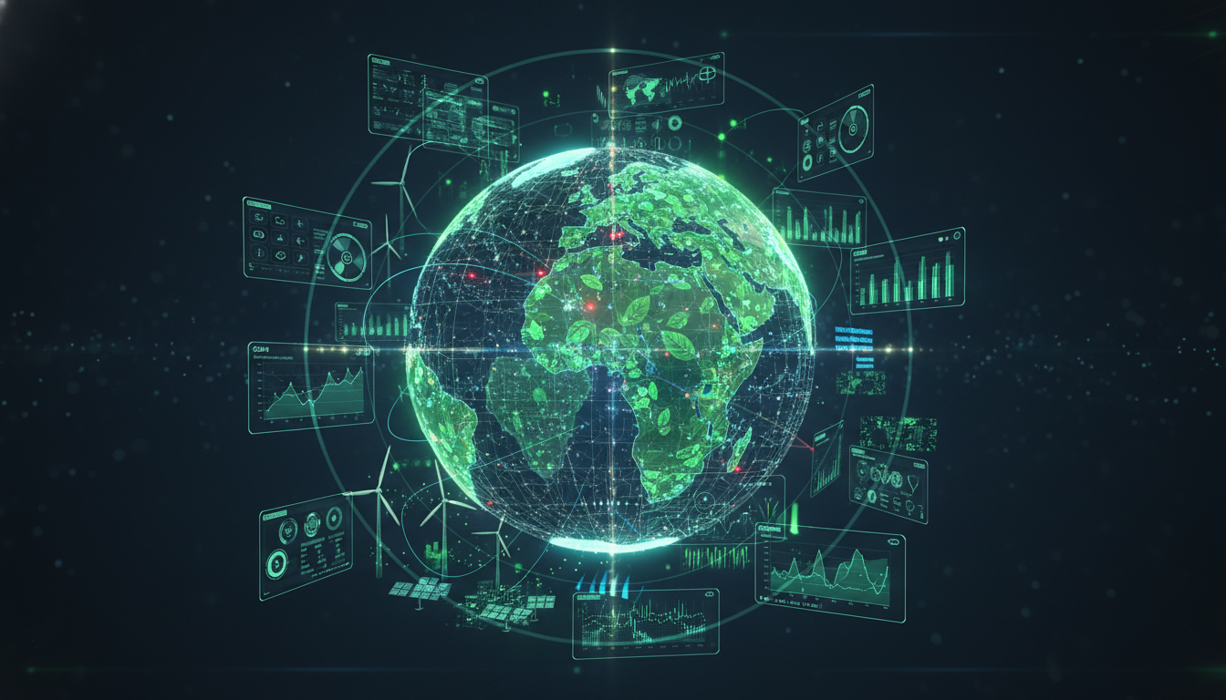 A glowing digital Earth surrounded by futuristic holographic environmental data panels, showing AI analytics, renewable energy icons, and sustainability metrics on a dark tech background.