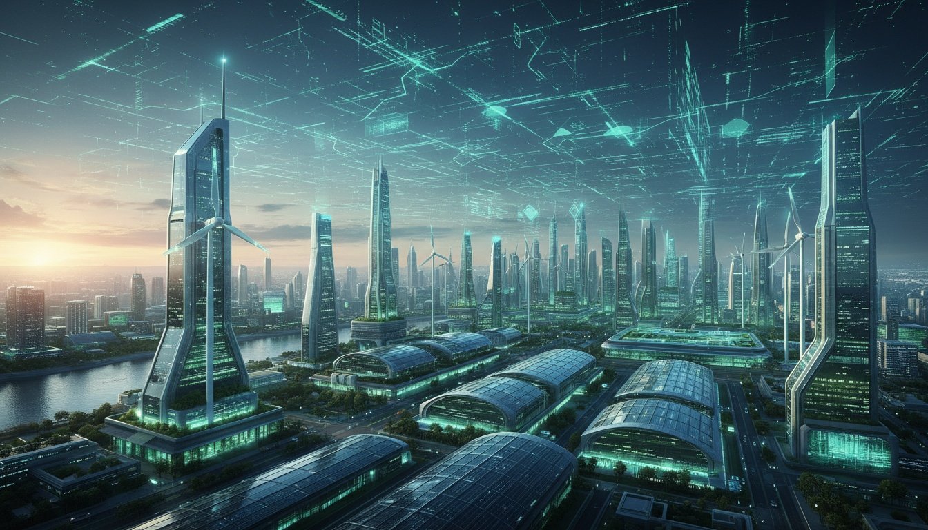 Futuristic eco-tech city skyline powered by renewable energy and artificial intelligence — symbolizing the fusion of green technology, innovation, and sustainability.