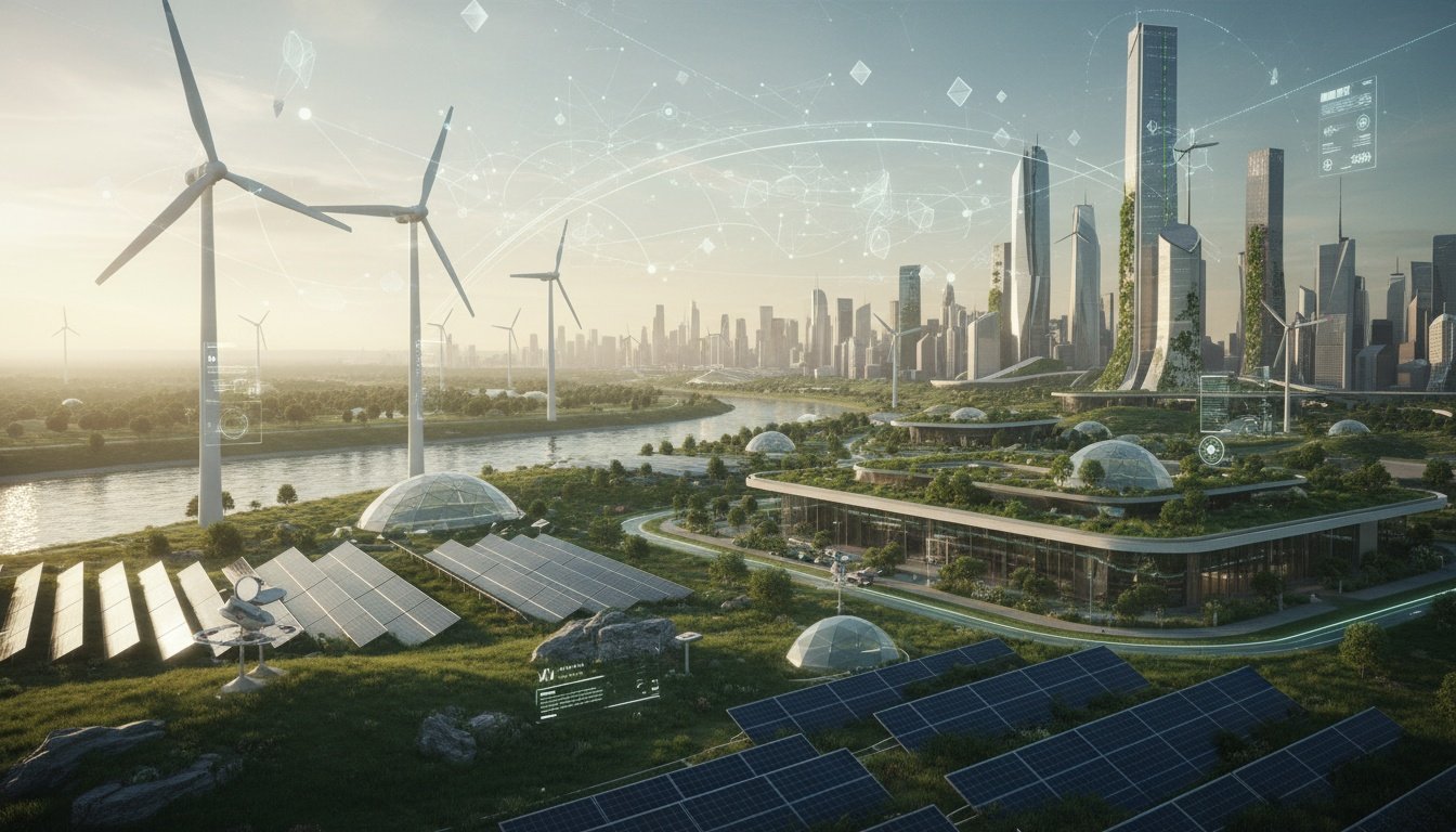 Futuristic eco-smart city with solar panels, wind turbines, and green rooftop architecture overlooking a river, representing AI-powered sustainable urban development.