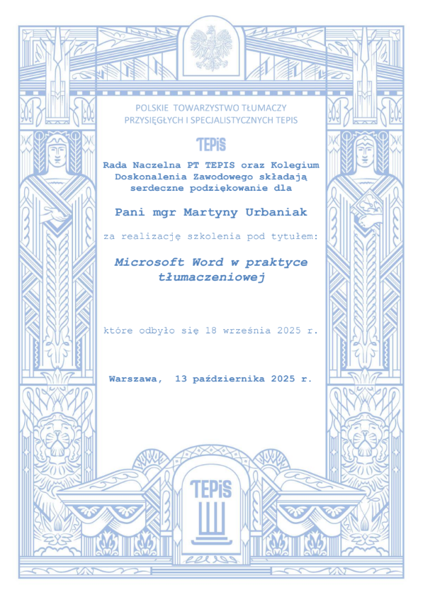 Polskie Towarzystwo Tłumaczy Przysięgłych i Specjalistycznych TEPIS, webinar, szkolenie online