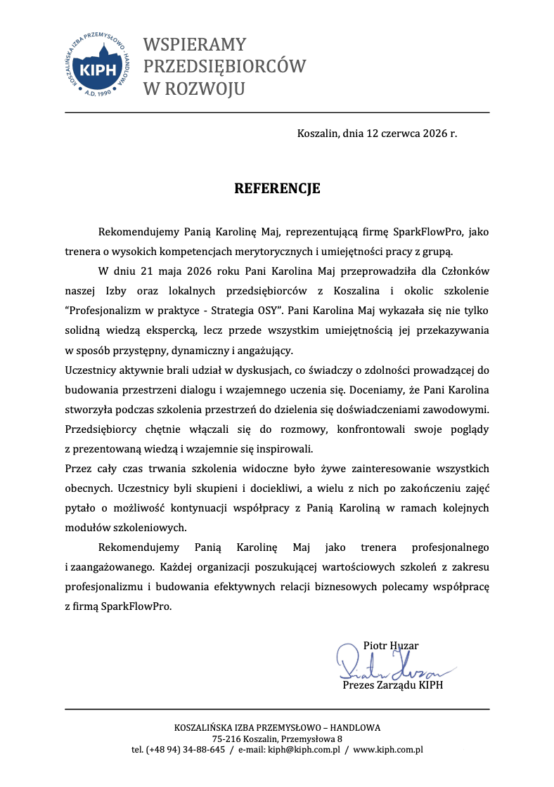 Referencje od Koszalińska Izba Przemysłowo-Handlowa dla Karolina Maj, szkolenie z Profesjonalizm w praktyce - Strategia OSY