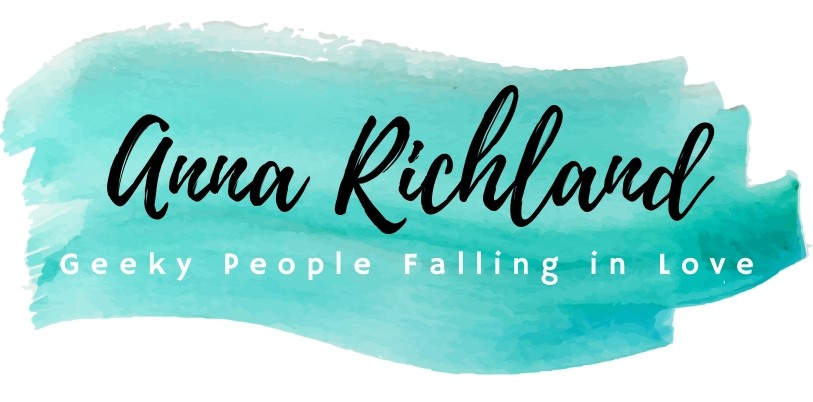 A logo that says Anna Richland in script, and subheading "Geeky People Falling in Love" on a teal green watercolor swirl 