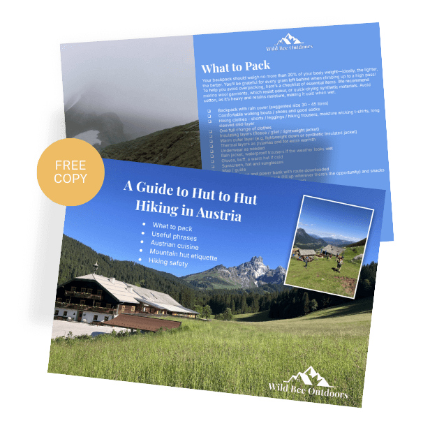 The image of a PDF or leaflet. On the front page is a picture of green fields and a mountain behind, with the text 