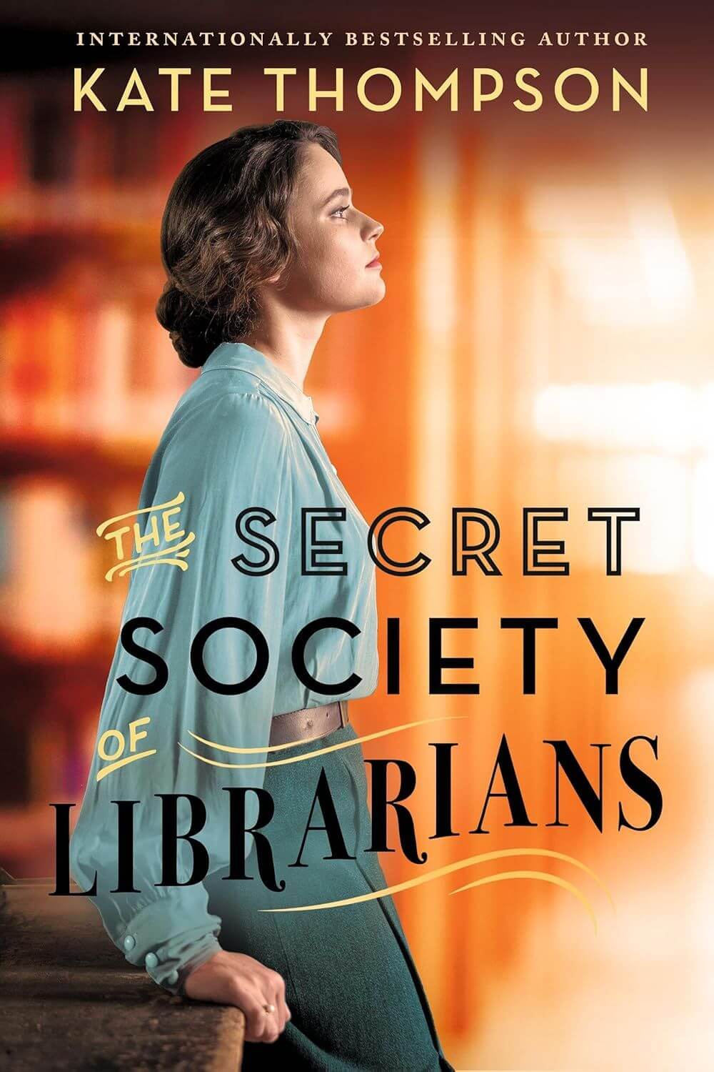 A contemplative woman in vintage attire stands in a warmly lit library. Text overlays: 