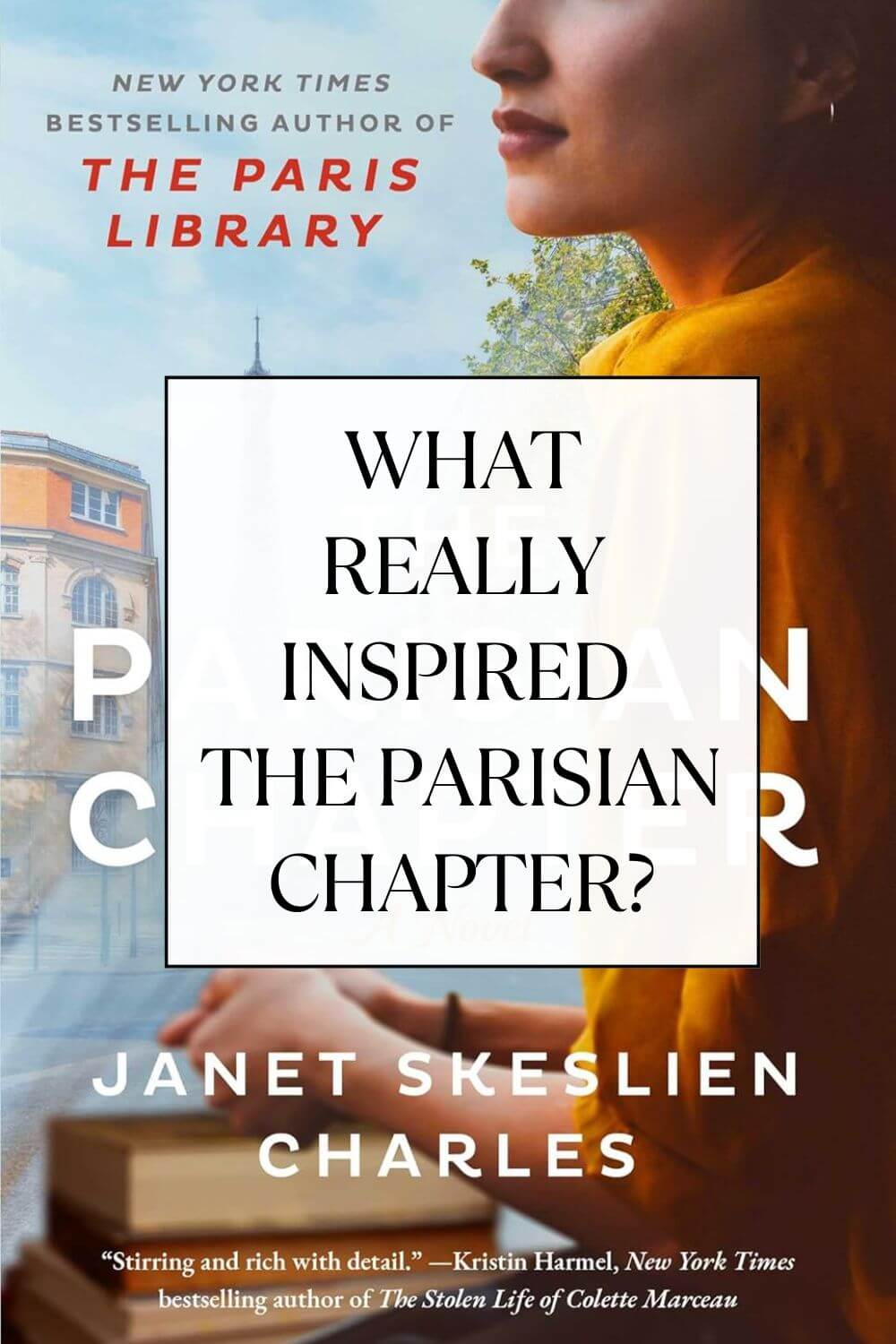 Alt text: A book cover features a woman in profile wearing an orange top, against a background of a Parisian street. Text overlay reads, 