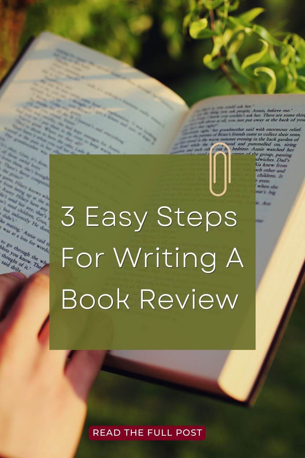 Open book outdoors with greenery in the background. Overlay text reads, 