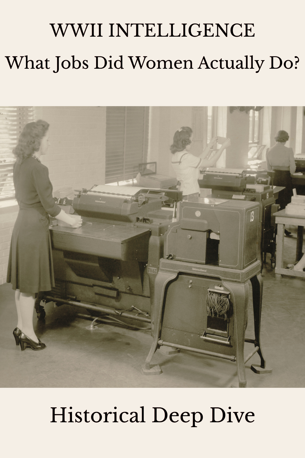 Women work on large typewriters and early computing machines in a WWII office setting. The scene conveys a historical and professional atmosphere.