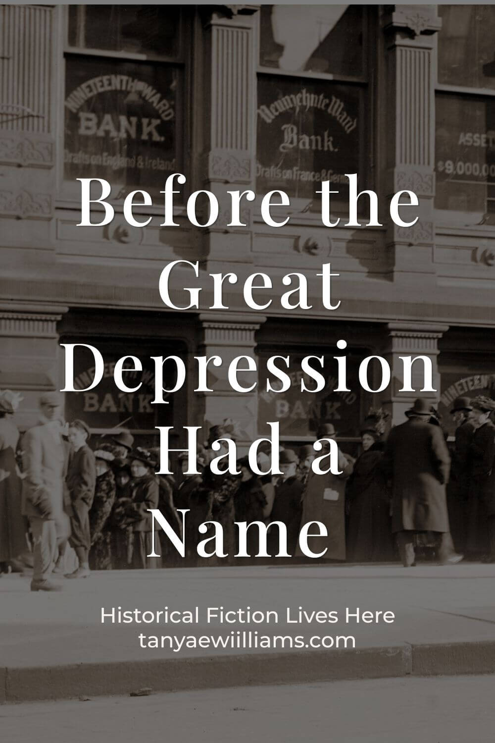 Sepia-toned image of a bank facade with people lining up, overlaid with text: 