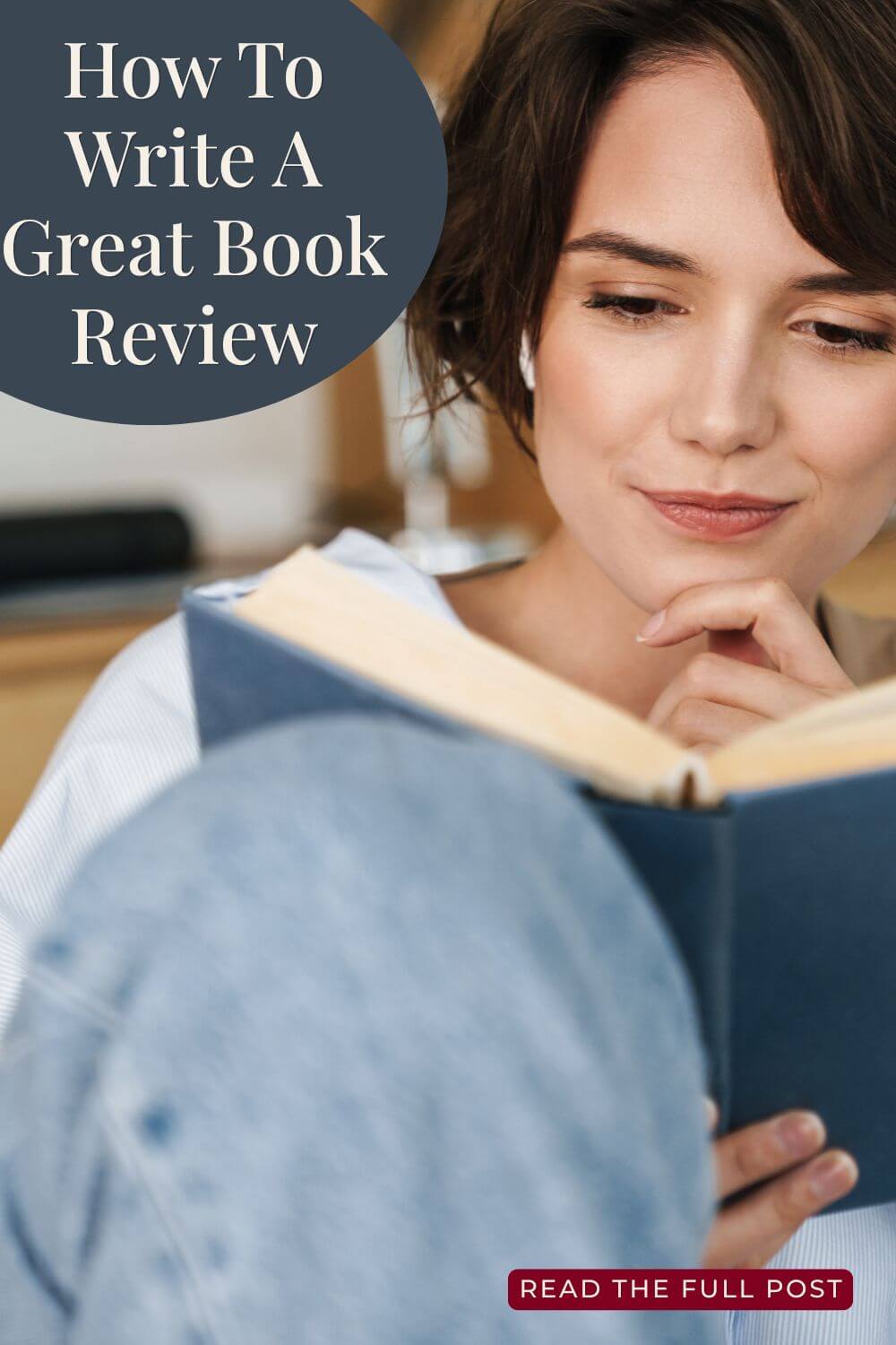 Smiling woman reads a book with interest, chin resting on hand. Text overlay: 