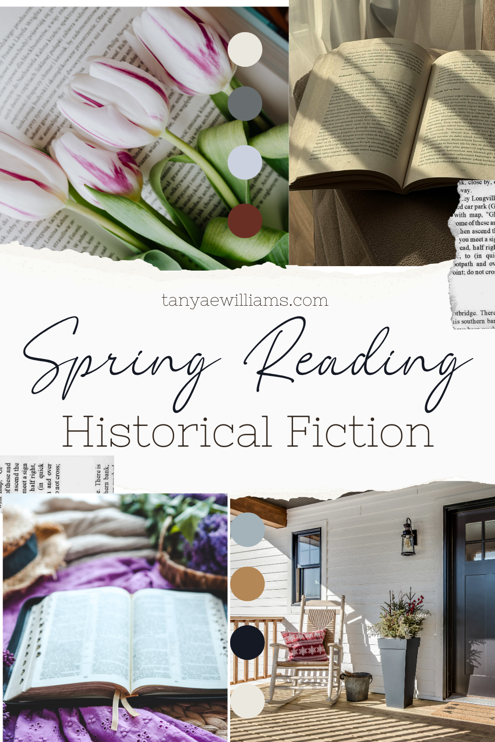 Collage with an open book on a textured background, pink tulips, patio with a rocking chair, and a book on lavender fabric. Text: 