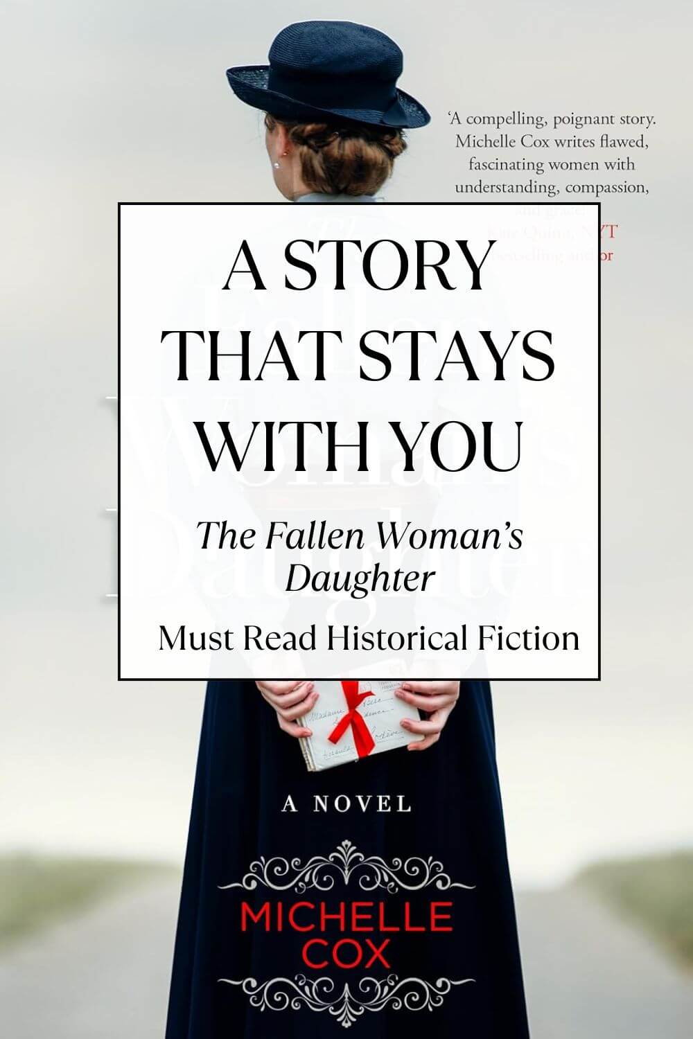 A woman in a dark dress and hat holds a book tied with a red ribbon. The title, 