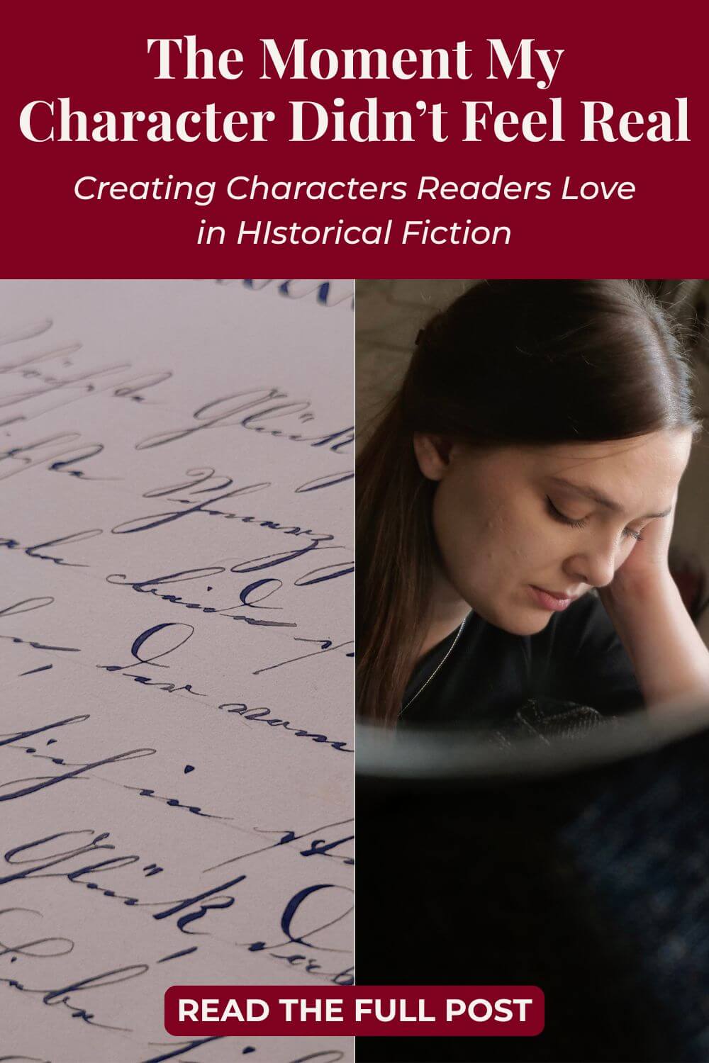 Split image. Left: Close-up of handwritten text on paper. Right: Woman with brown hair, looking down pensively. Text at top: 