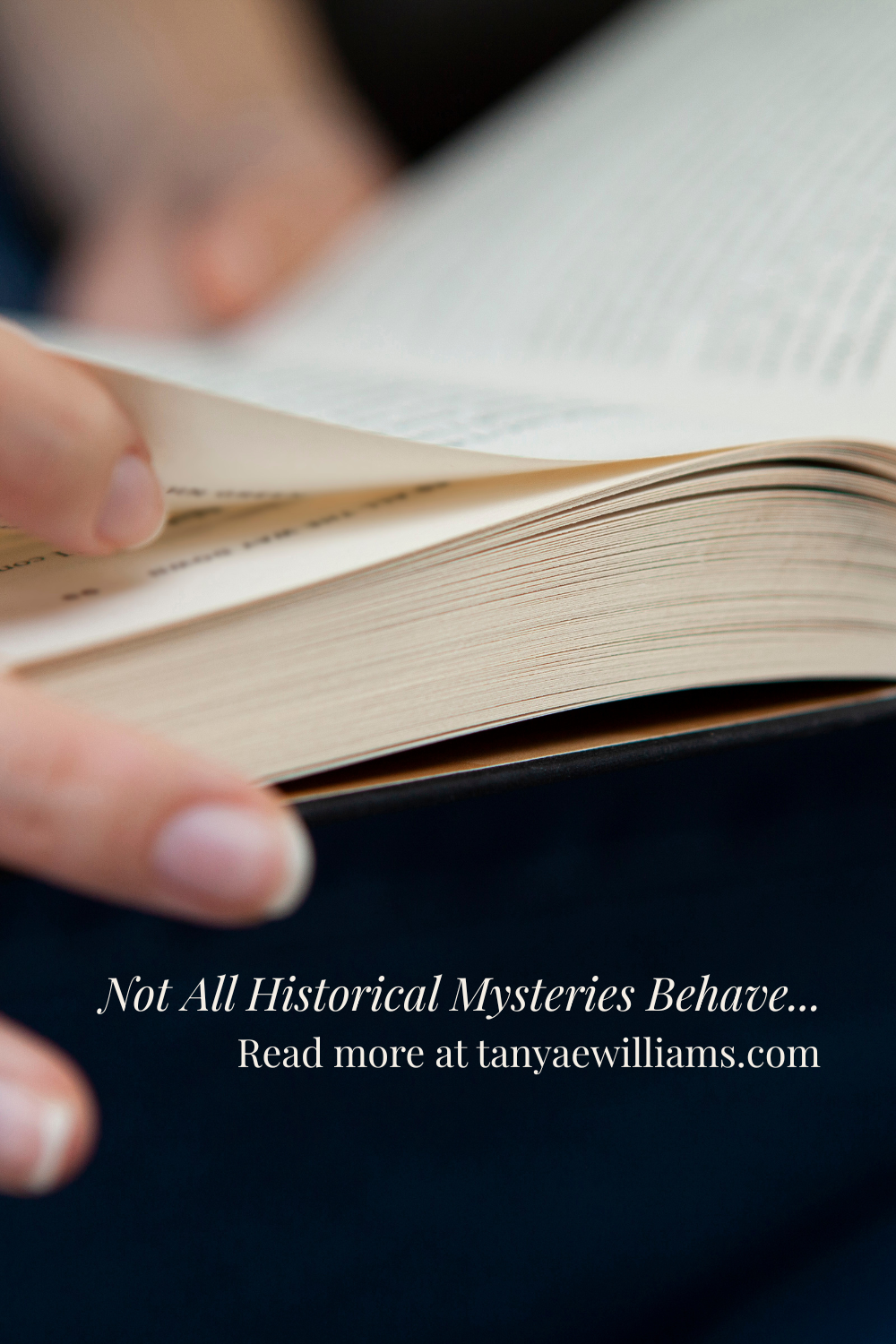 A person's hand gently turns the page of an open book. Text overlay reads, 