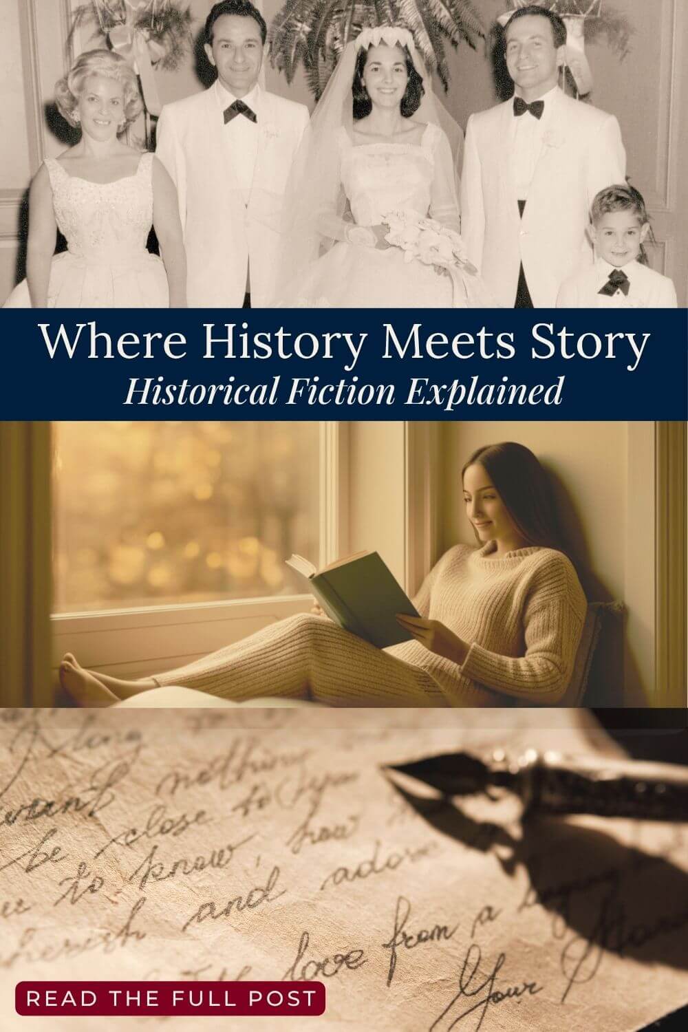 Black and white wedding photo above a cozy scene of a woman reading by a window. Overlay text: 