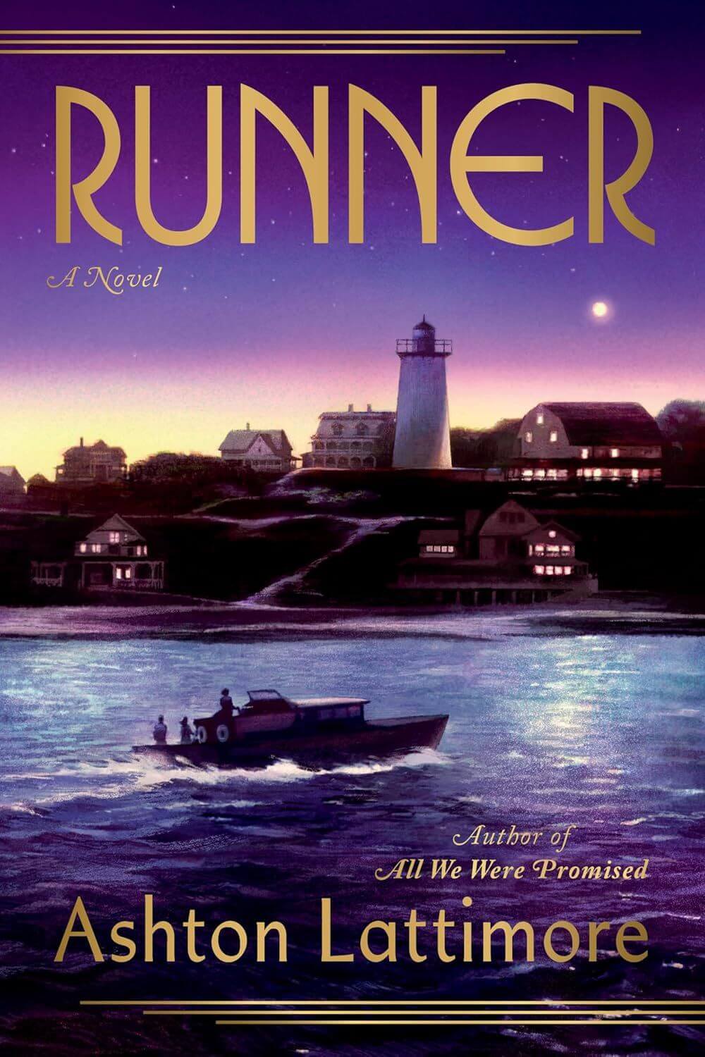 A purple and blue twilight sky over a coastal village with a lighthouse and illuminated homes. A boat sails through shimmering water. Title reads 