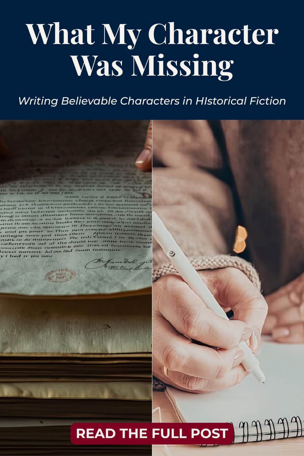 Split image with vintage document on the left, hand holding pen writing in notebook on the right. Text: 