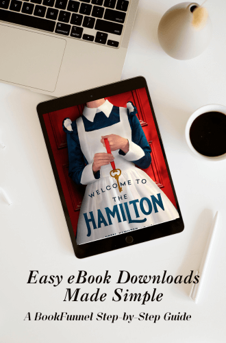 desk with laptop, cup of coffee, and the eBook for Welcome to the Hamilton by Tanya E Williams