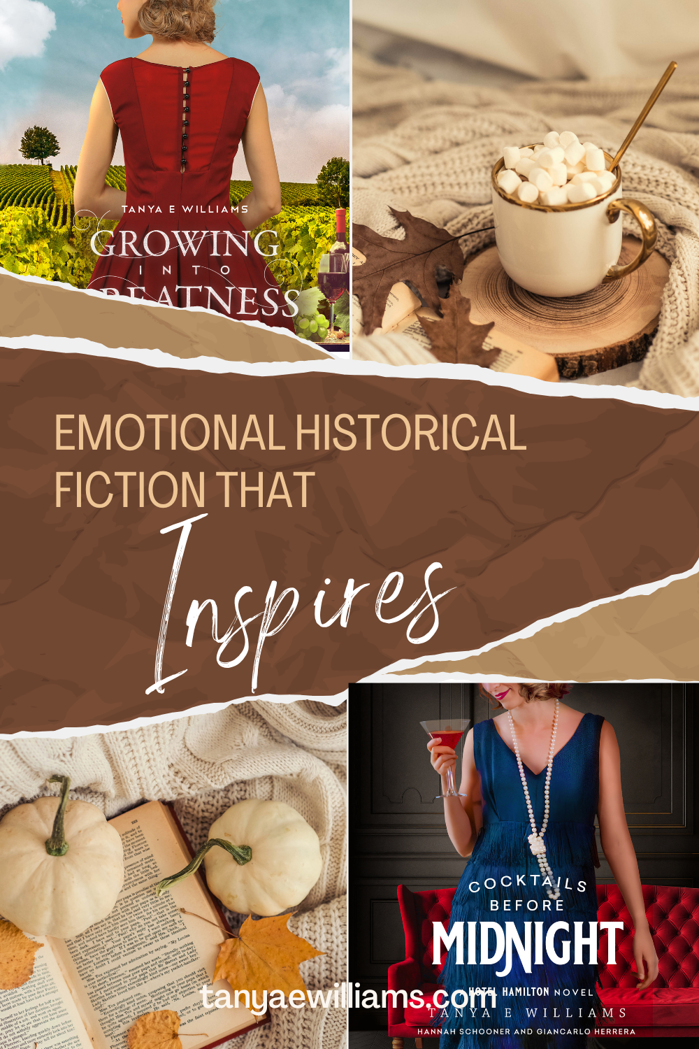 Growing into Greatness book cover, cozy cup of hot chocolate, open book with pumpkins, book cover for Cocktails Before Midnight