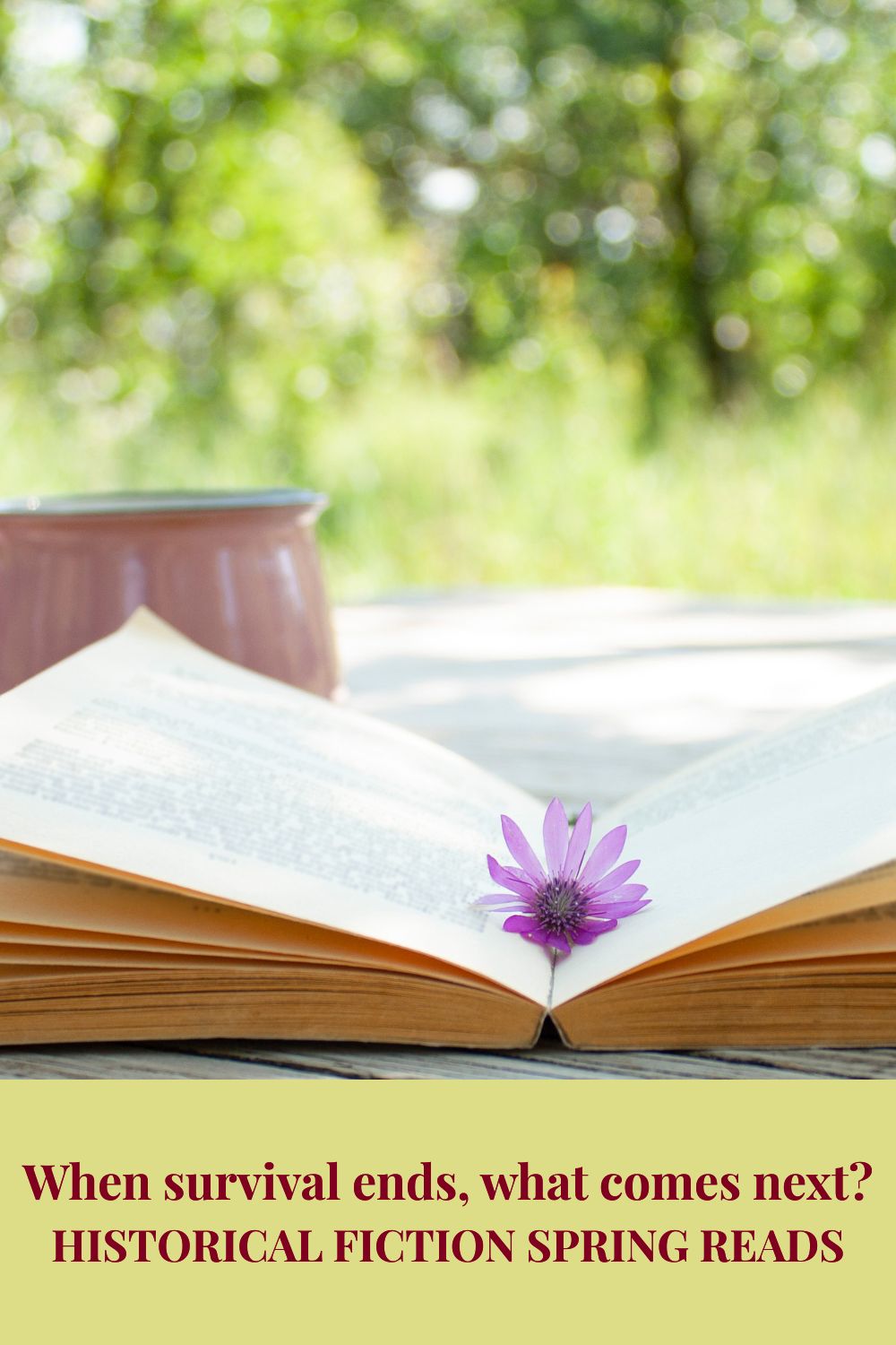 Open book with a purple flower on its pages, set on an outdoor table. A mug is blurred in the background. Text reads 