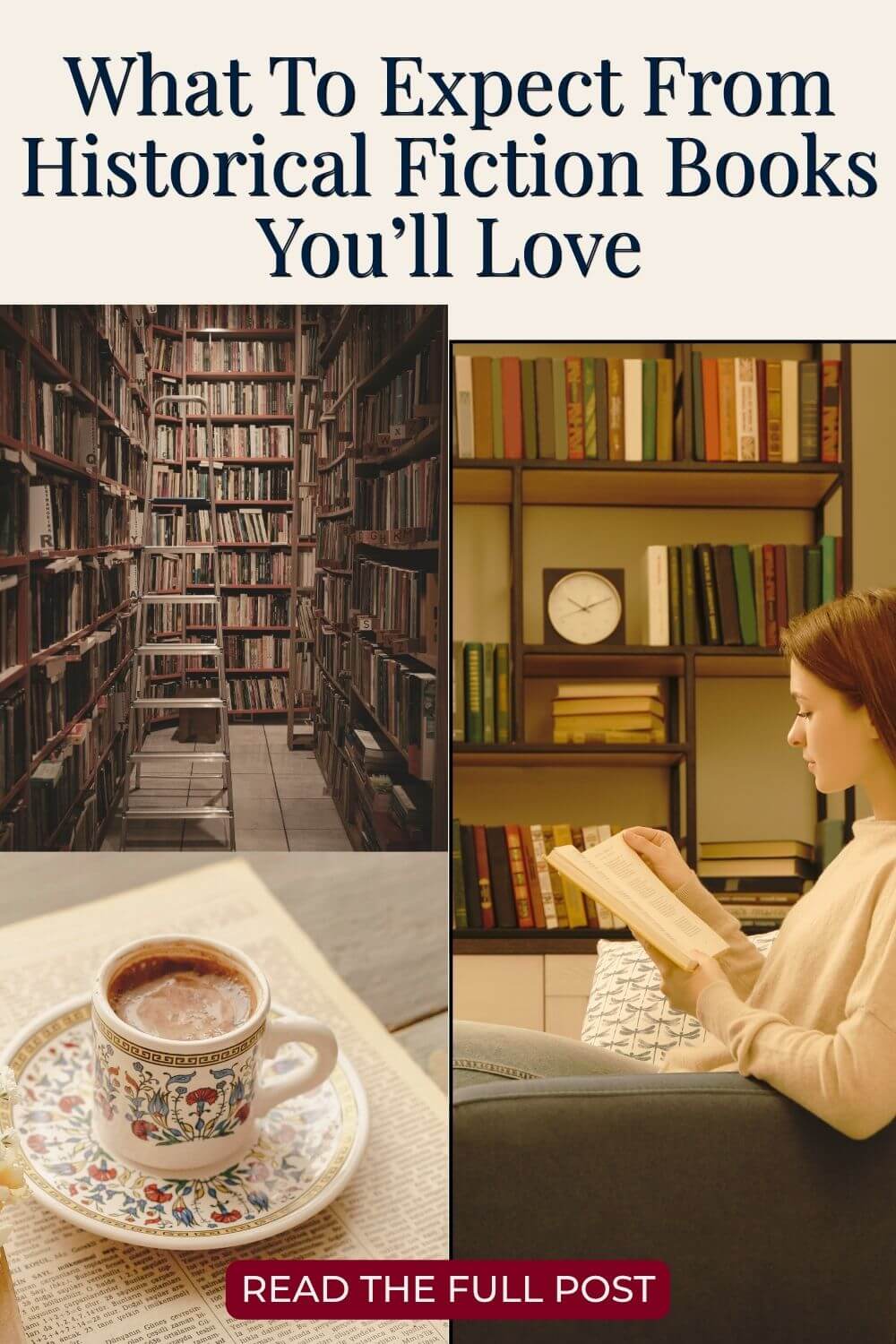 Collage with a library, a woman reading on a sofa, and a cup of coffee on a newspaper. Text: 