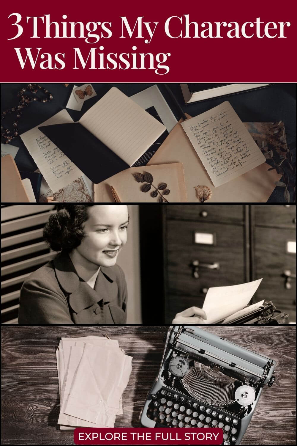 A collection of vintage stationery, a woman smiling while reading a paper, and a typewriter with blank pages below. The text reads, 