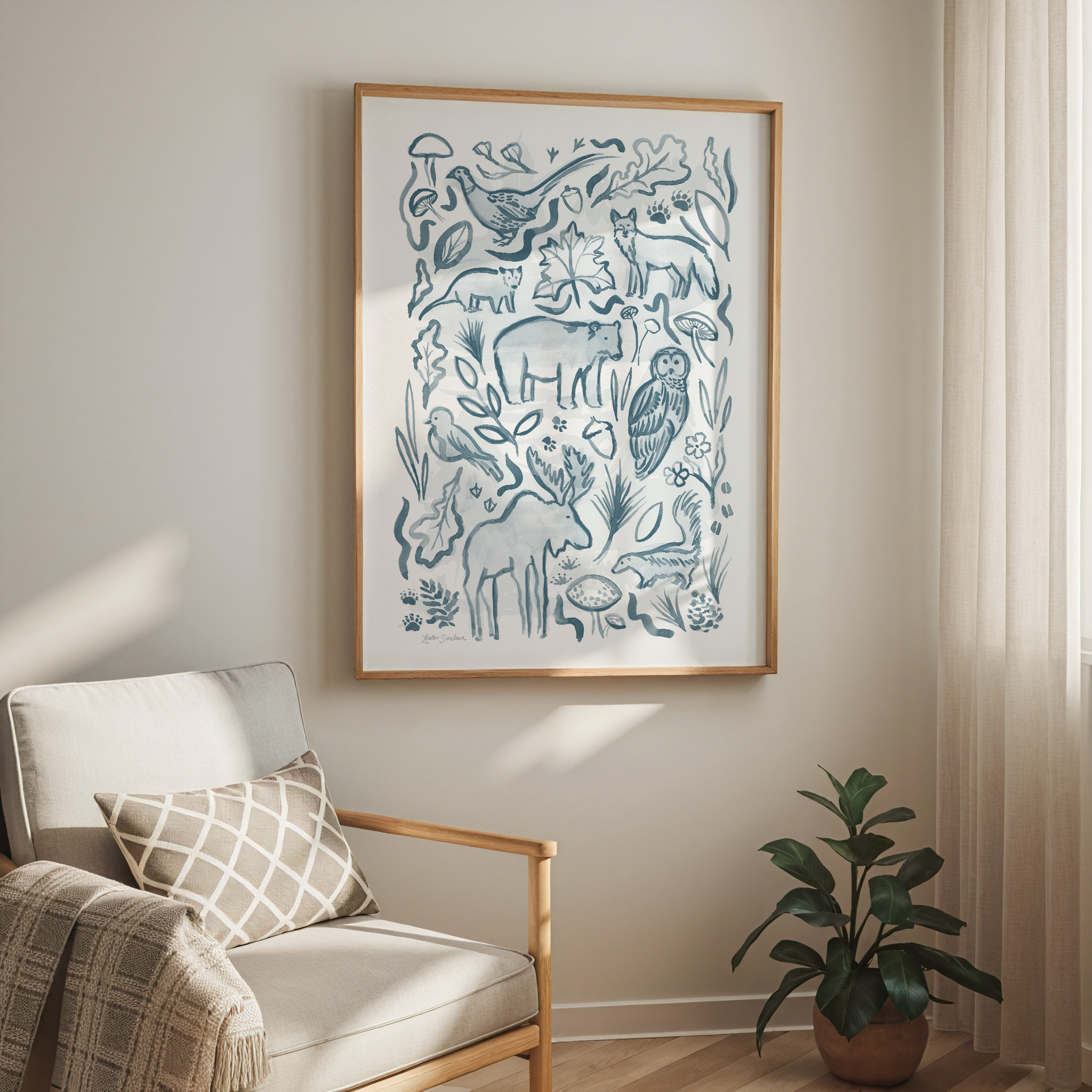 woodland creatures moose print by katie sinclair in a nursery corner