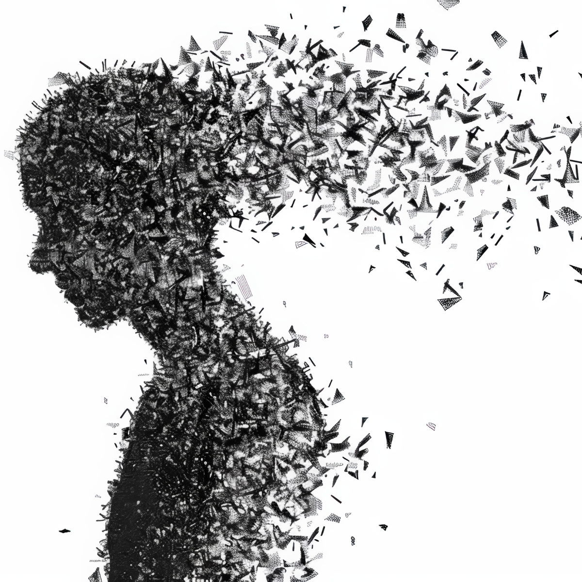 silhouette of a person with scattered fragmented parts